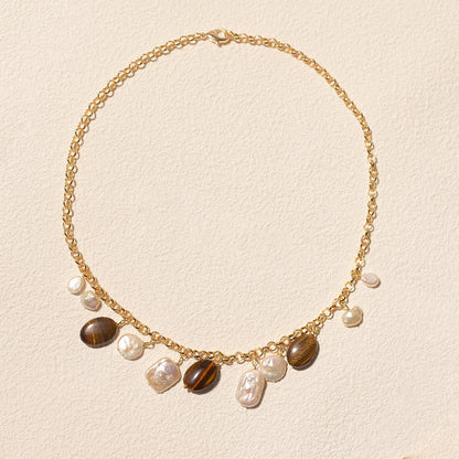 Golden Tide Tiger Eye & Pearl Charm Necklace