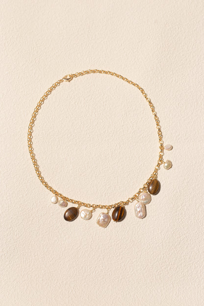 Golden Tide Tiger Eye & Pearl Charm Necklace