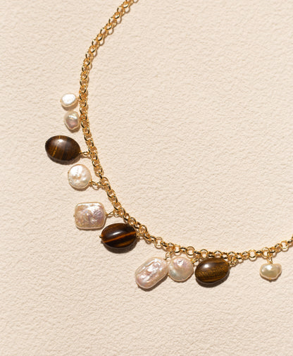 Golden Tide Tiger Eye & Pearl Charm Necklace
