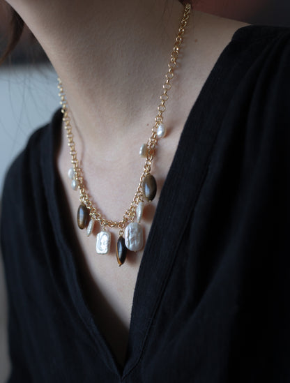 Golden Tide Tiger Eye & Pearl Charm Necklace