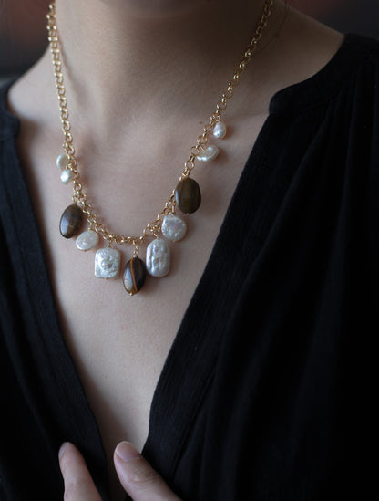 Golden Tide Tiger Eye & Pearl Charm Necklace