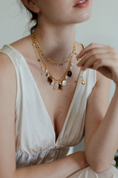 Golden Tide Tiger Eye & Pearl Charm Necklace