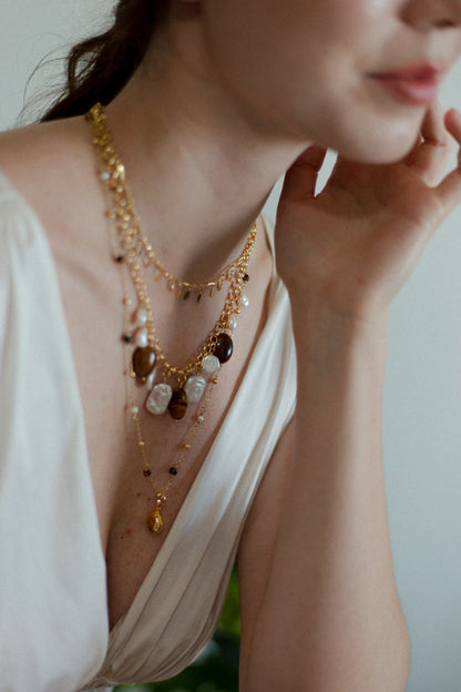 Golden Tide Tiger Eye & Pearl Charm Necklace